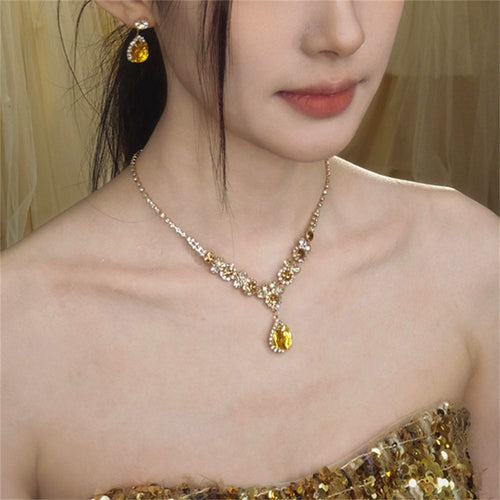 Sparkle Zircon Teardrop Cubic Zirconia Necklace Earrings Elegant Premium Clavicle Chain Banquet With Gown Choker Women Jewelry Set