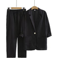 Women's Linen Cotton 3/4 Sleeve Textured Loose Elastic Jacket + Pants Set 2026 - Black