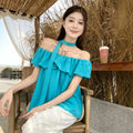Summer Korean Elegant Off-Shoulder Boat Neck Ruffle Shirt