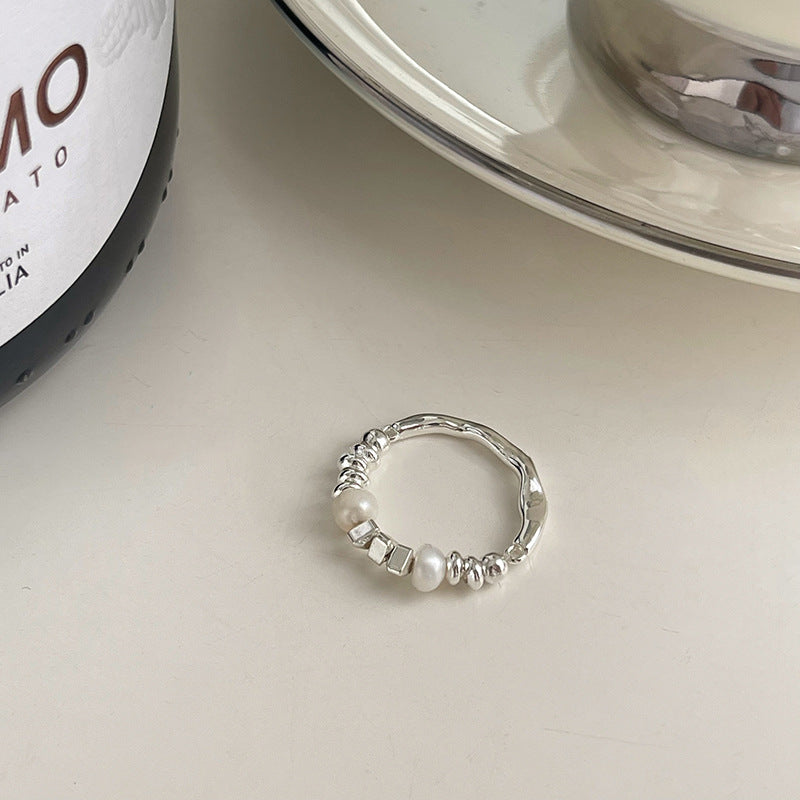 Korean-Style Stretch Pearl Ring – Irregular Geometric Design - view 3