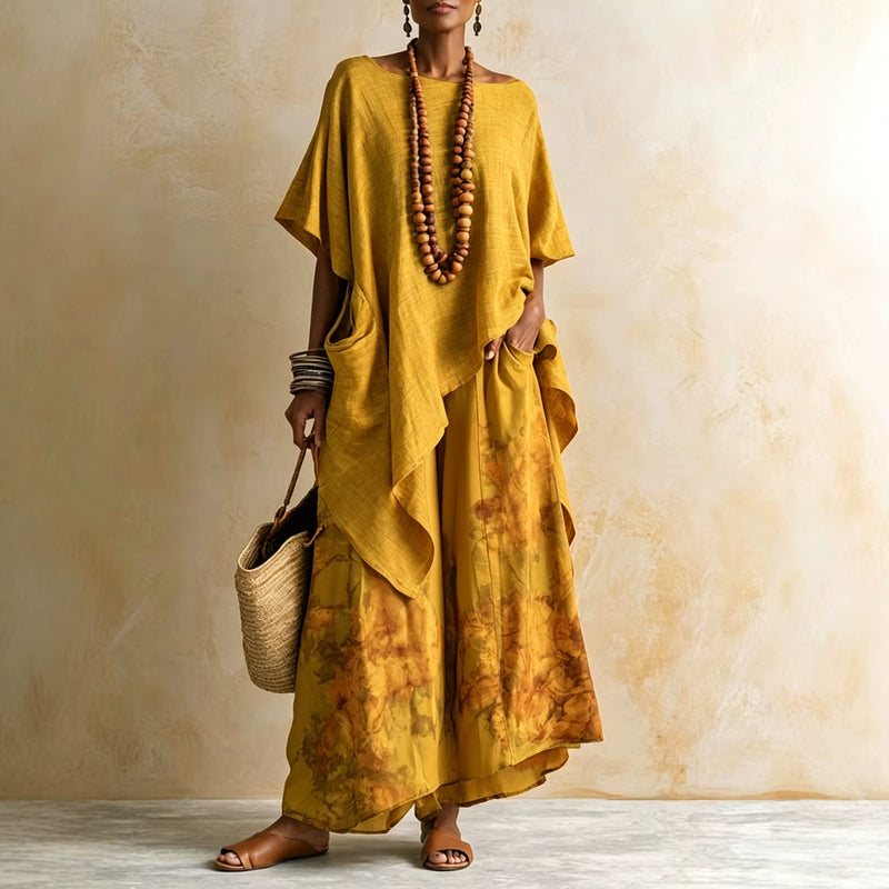Women's Ethnic Vacation Linen Printed Loose Wide Leg Pants + Top 2-Piece Set 2026 - Olive