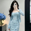 French Butterfly Print Mesh Fitted Long Dress