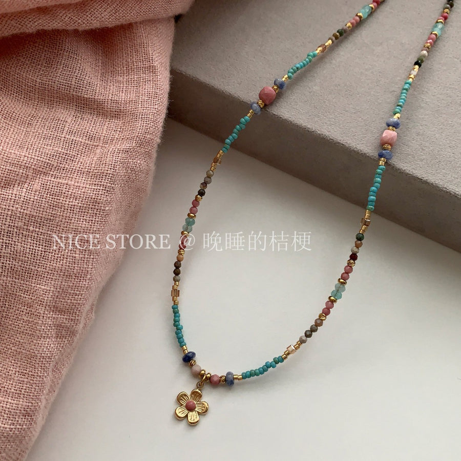 Stainless Steel Colorful Stone Beaded Pendant Necklace - view 4