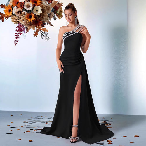 Women's One-Shoulder Beaded Evening Gown - Slim Banquet Style