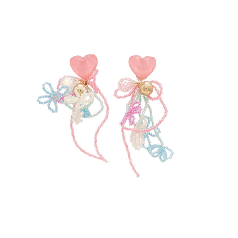 Pink Seed Bead Flower Pearl Tassel Earrings - view 5