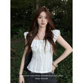 Summer French Slimming Mini Flutter Sleeve Short Sleeve Hollow-Out Fitted Shirt