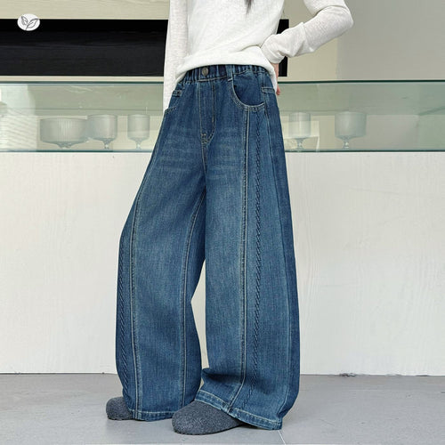 Girls' Front Spliced Topstitch Wide-Leg Straight Jeans
