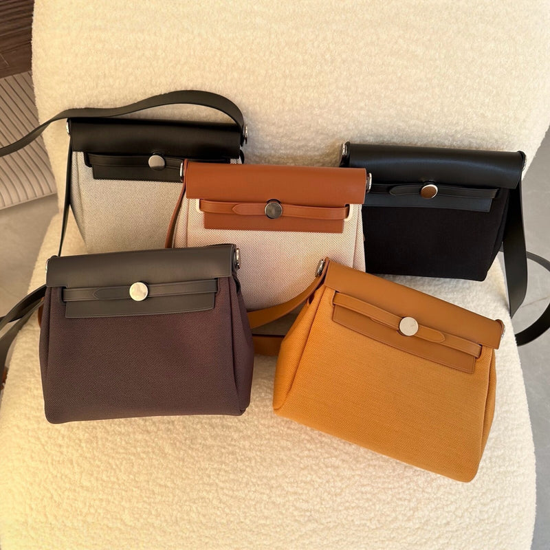 2026新款牛皮拼帆布小方包女高级感单肩斜挎包百搭通勤包 Handbag