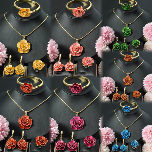 Western 18K Gold Overseas 3D Romantic Rose Flower Personality Necklace Bracelet Set Earrings Ring Knot Wedding Banquet Set