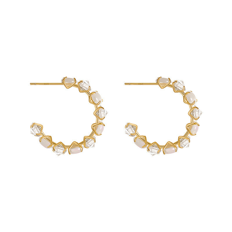 Gold-Plated Rhinestone Cat-Eye Stone Hoop Earrings - view 5