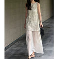 Oat Heavy Embroidery Summer Dress, Crew Neck Loose Camisole Style