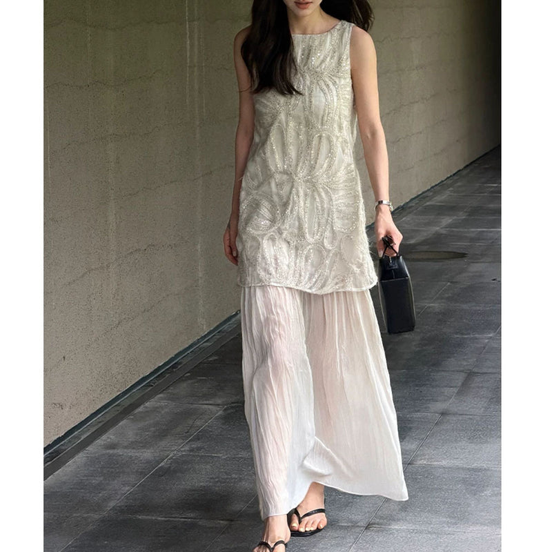 Oat Heavy Embroidery Summer Dress, Crew Neck Loose Camisole Style