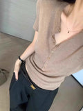 夏款老钱风羊毛短袖针织衫女修身半开领v领t恤针织打底衫内搭毛衣