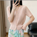 Women's Spring-Summer Versatile Short Sleeve Pleated Lightweight Cardigan + Jacket 20 - Yellow-Green