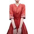 Ethnic Style Embroidered Cotton Jacquard Mid-Length Dress, Fitted Slimming