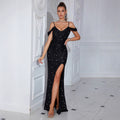 Women's Spaghetti Strap Off-Shoulder Sequin Slim Fit Sexy Evening Gown Banque...