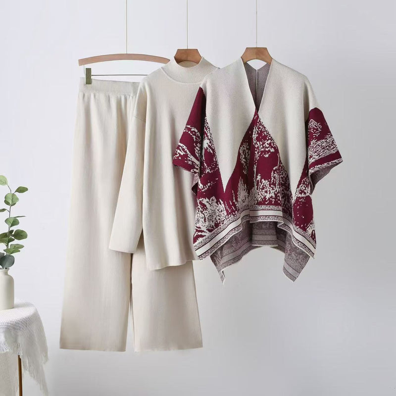 Fall-Winter Casual Fashion Knit Wool High Neck Mock Neck Loose Sweater + Shawl + Pants 3-Piece Set