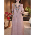 Retro Cotton Linen Embroidered V-Neck Plus Size Long Dress