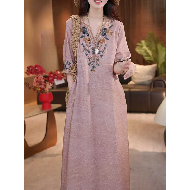Retro Cotton Linen Embroidered V-Neck Plus Size Long Dress
