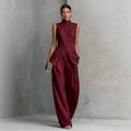 Fashion Elegant Linen Cotton Sleeveless Drapey Shirt + Pants Set