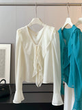Summer Korean Fashion Flared Sleeve Tie-Front Ruffle Sun-Protection Shirt