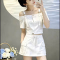 Summer Trendy Fashion Short Sleeve Off-Shoulder Cropped Skirt + Camisole Set