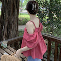 Summer Korean French Short Sleeve Off-Shoulder Boat Neck Loose Shirt + Camisole