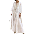 Japanese Retro White V-Neck Fringed Heavy Embroidery Floral Long Dress, 3/4 Sleeve