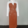 Office PU Belt Color-Block Shirt Dress, Long Sleeve