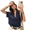 Office Korean Lace Short Sleeve V-Neck Patchwork Loose Shirt