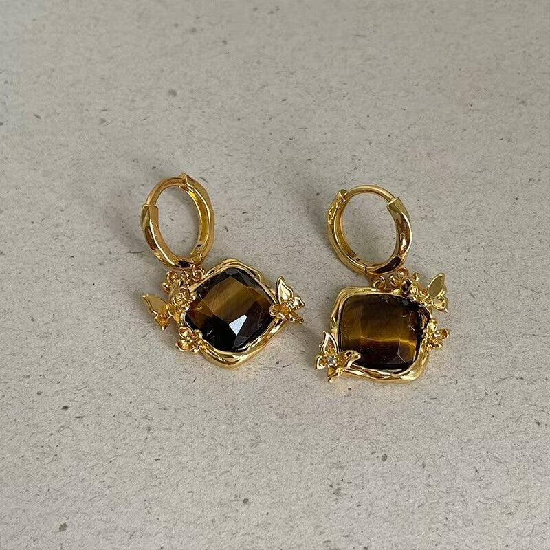 18K Gold-Plated Zircon Butterfly Tiger's Eye Stud Earrings - view 10
