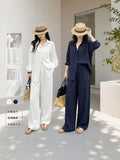 Fall Old Money Retro Linen Long Sleeve Loose Wide Leg Pants + Shirt 2-Piece Set