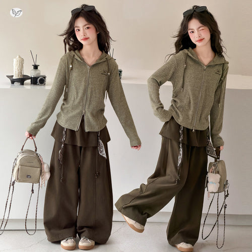 Girls' Double-Zip Hoodie & Wide-Leg Pants Set