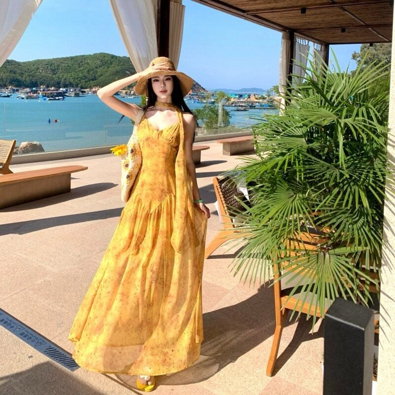 French Yellow Ombre Floral Ribbon V-Neck Camisole Photo Dress