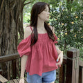 Summer Korean French Short Sleeve Off-Shoulder Boat Neck Loose Shirt + Camisole