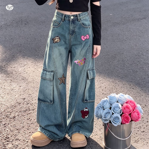 Girls' Cartoon Print Denim Cargo Wide-Leg Pants