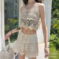 Women's Summer Bohemian Ethnic Lace Crochet Hollow-Out Crochet Camisole + Shorts 2-Pi - White