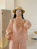 Women's Summer Ethnic Relaxed Ramie Embroidered 3/4 Sleeve V-Neck Loose Set 2026 - Pink Top