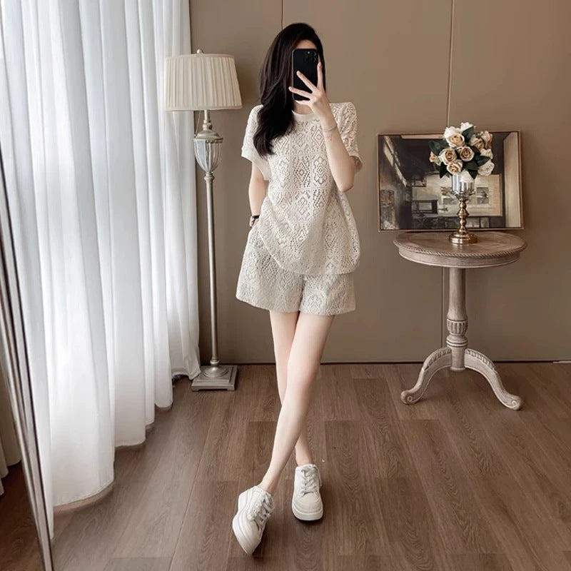 Summer French Fashion Lace Short Sleeve Shorts 2-Piece Set