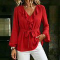 Elegant Slimming Lantern Sleeve Long Sleeve V-Neck Tie-Front Shirt