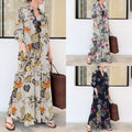 Women's Japanese Casual Linen Cotton Long Sleeve Lapel Collar Printed Loose Dress + S - Navy Blue