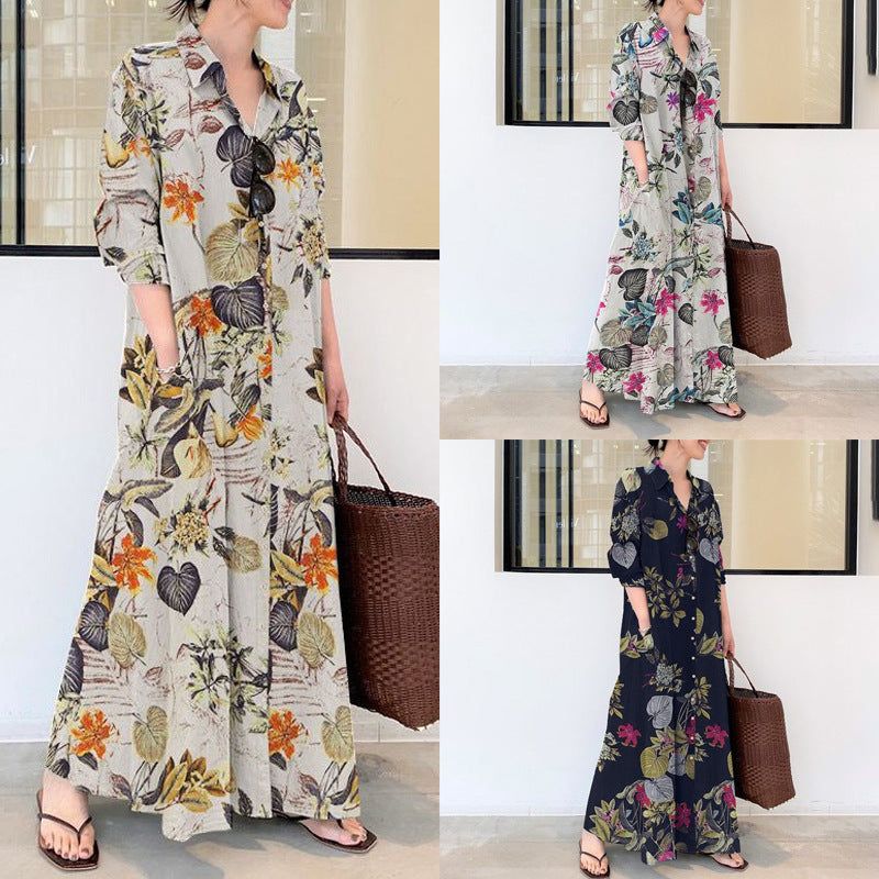 Women's Japanese Casual Linen Cotton Long Sleeve Lapel Collar Printed Loose Dress + S - Navy Blue