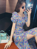 Purple Puff Sleeve Floral Fitted Long Dress with Side Slit