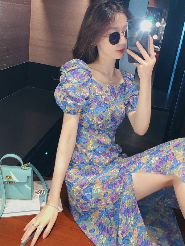 Purple Puff Sleeve Floral Fitted Long Dress with Side Slit
