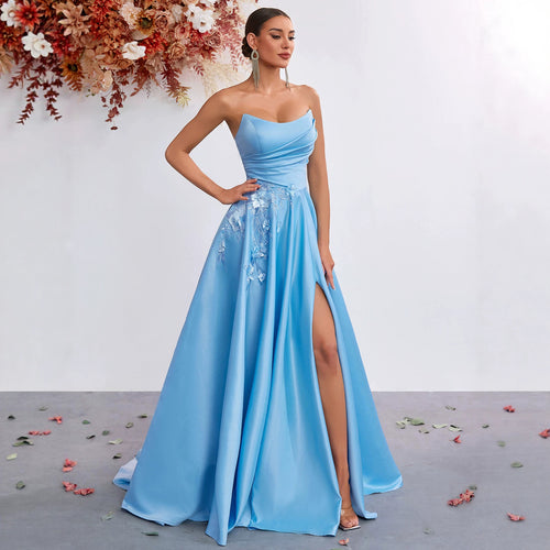 Women's Strapless Flare Slit Evening Gown - Runway Style