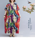 Women's Summer Vacation Minimal Plus Size Linen Cotton V-Neck Printed Loose Long Skir - Apricot