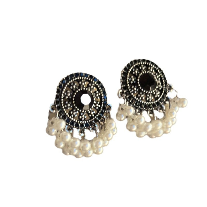 Pearl and Rhinestone Tassel Stud Earrings - view 5