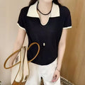 Women's Summer Elegant Unique Short Sleeve Lapel Collar Color-Block Knit Top 2026 - Off-White