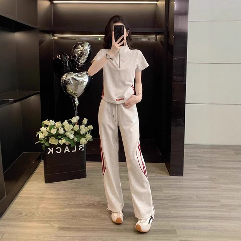 Summer Sporty Casual Short Sleeve Wide Leg Pants + Top Set