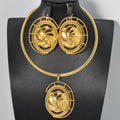 Overseas Bestseller Retro Oval Round Cutout Flower Pendant Necklace Copper Gold Plated Fashionable Women Earrings Necklace Set Women